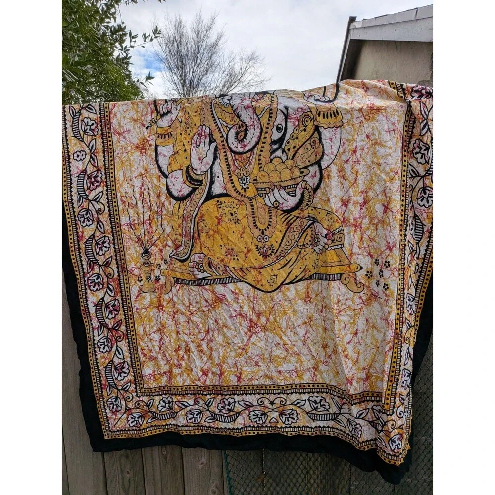 Ganesh Tapestry Cotton Made in India Yellow Black 52 in x 80 in Lightweight
